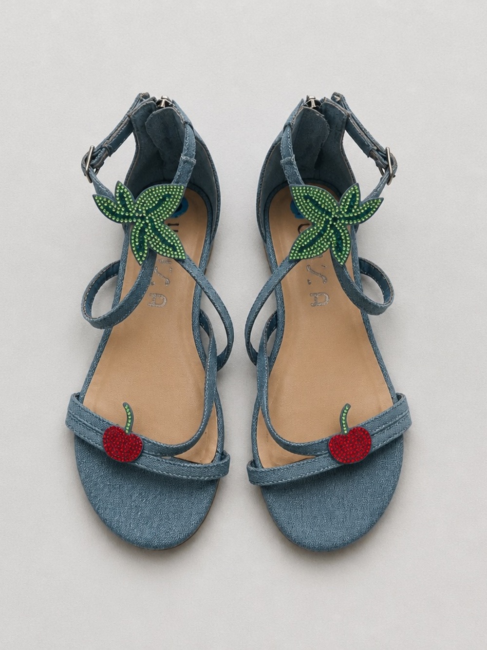 Unisa Blue Denim Cherry Rhinestone Strappy Sandals | Whimsical Embellished Shoes